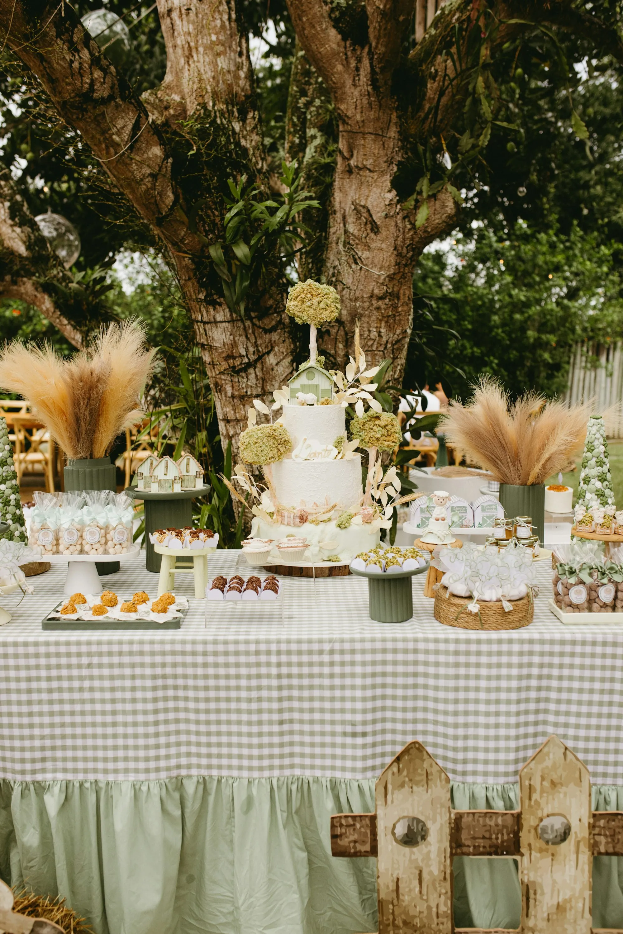 Table de desserts dressée en extérieur, gâteau à étages, bouquets de pampa et présentoirs en bois